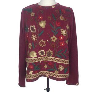 Vintage Burgundy Floral Embroidered Sweater Large All Points Boho Cotton Blend